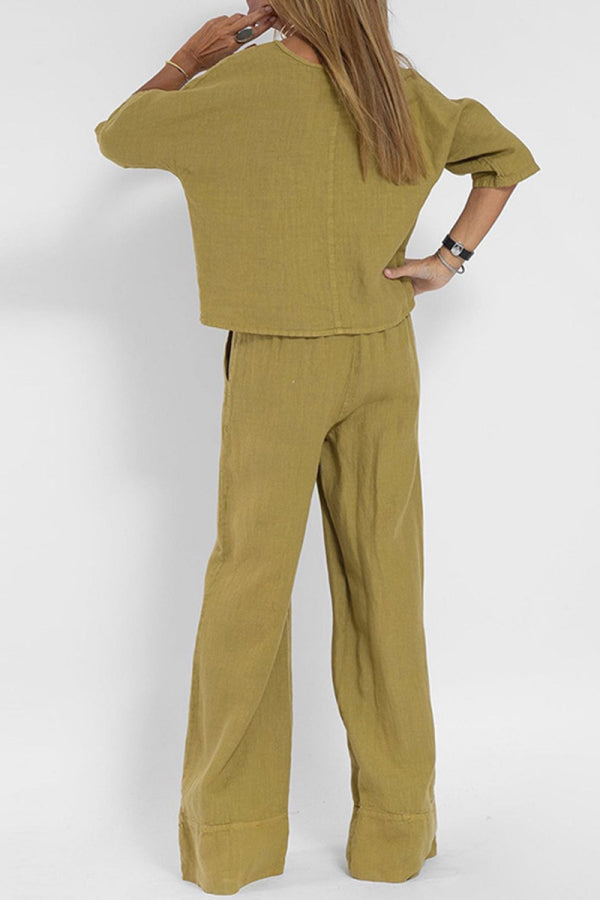 At Ease & Down to Earth: Short-sleeved Pullover & Wide Trouser Matching Set-tidenox