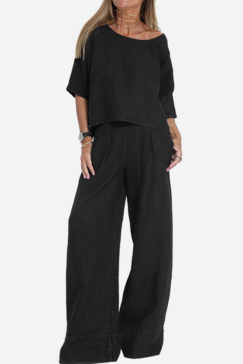 At Ease & Down to Earth: Short-sleeved Pullover & Wide Trouser Matching Set-tidenox