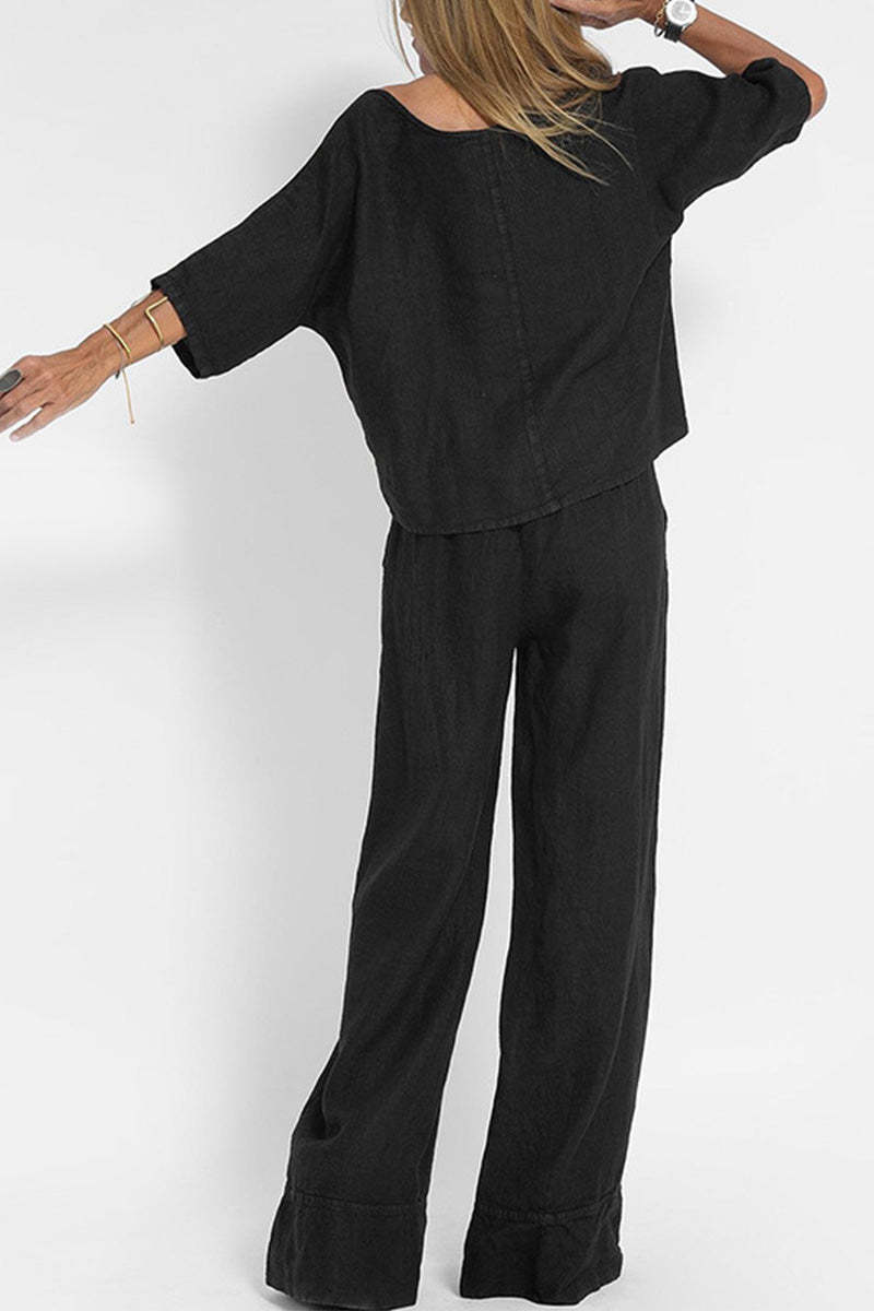 At Ease & Down to Earth: Short-sleeved Pullover & Wide Trouser Matching Set-tidenox