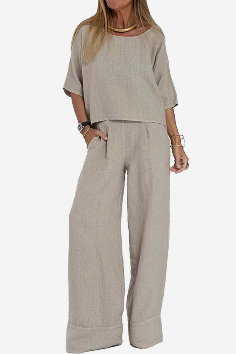 At Ease & Down to Earth: Short-sleeved Pullover & Wide Trouser Matching Set-tidenox