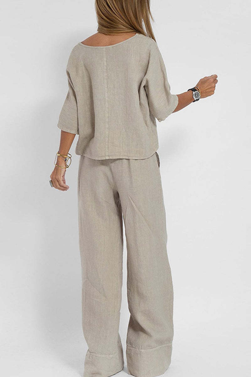 At Ease & Down to Earth: Short-sleeved Pullover & Wide Trouser Matching Set-tidenox