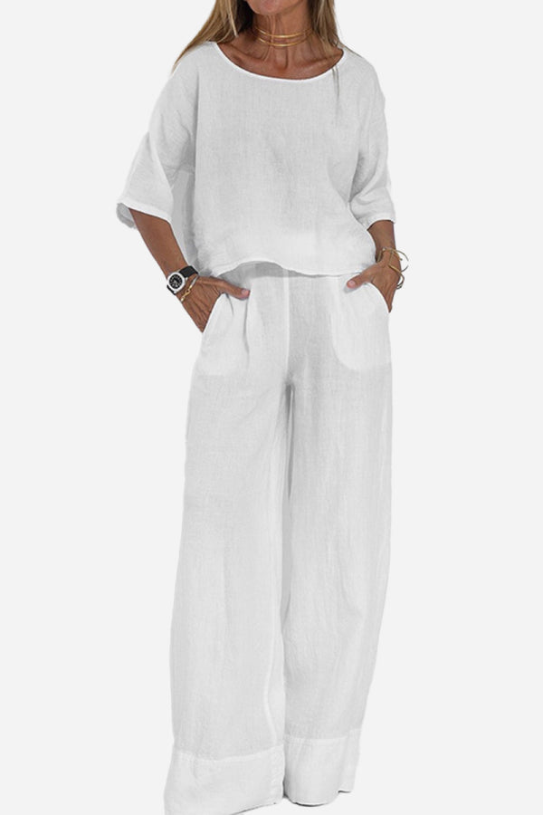 At Ease & Down to Earth: Short-sleeved Pullover & Wide Trouser Matching Set-tidenox