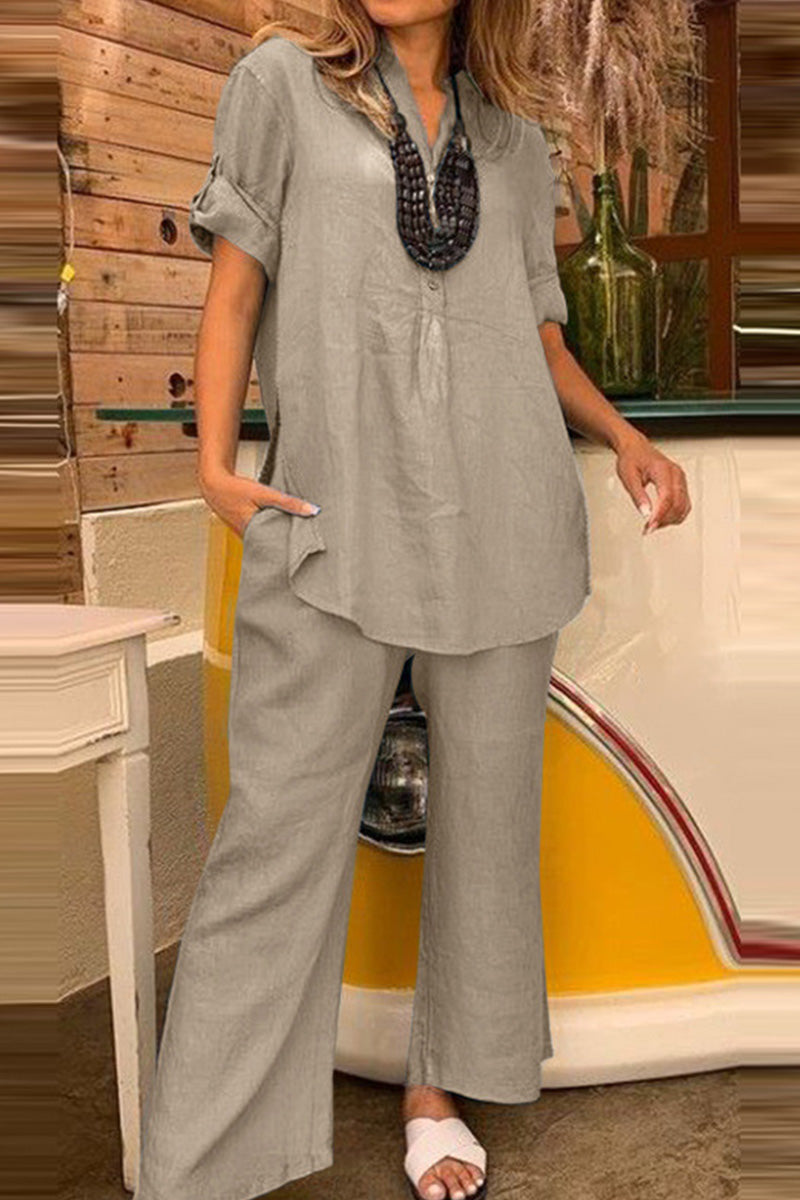 Dressed-up Casual: Short-Sleeved V-neck Top & Wide Trouser Suit-tidenox