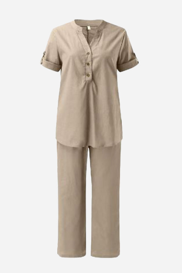 Dressed-up Casual: Short-Sleeved V-neck Top & Wide Trouser Suit-tidenox