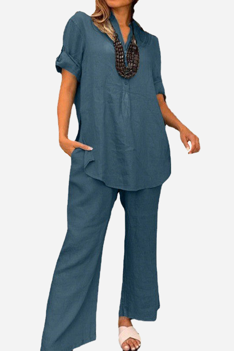 Dressed-up Casual: Short-Sleeved V-neck Top & Wide Trouser Suit-tidenox