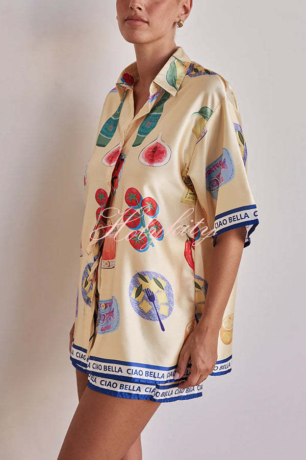 Kai Satin Unique Print Short Sleeve Shirt and Elastic Waist Drawstring Pocket Shorts Set-tidenox