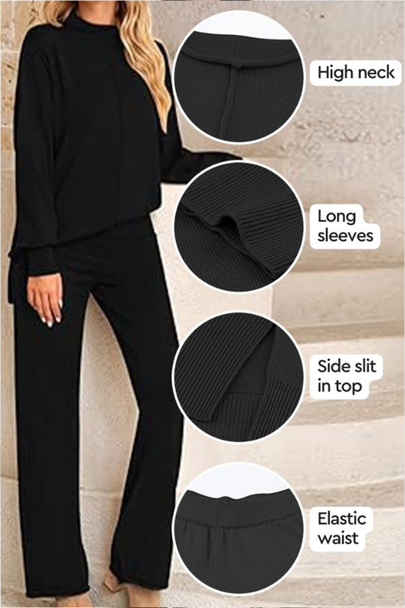 Feel Cozy but Stay in Style: High Neck Sweater Wide Leg Pant Set-tidenox