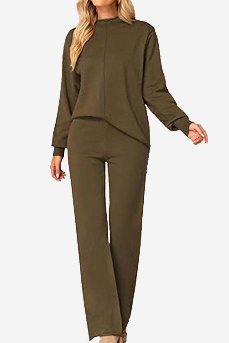 Feel Cozy but Stay in Style: High Neck Sweater Wide Leg Pant Set-tidenox