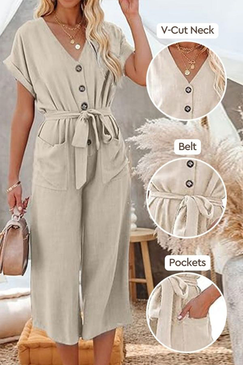 V-neck Lace-up Pocket Jumpsuit With Tie-tidenox