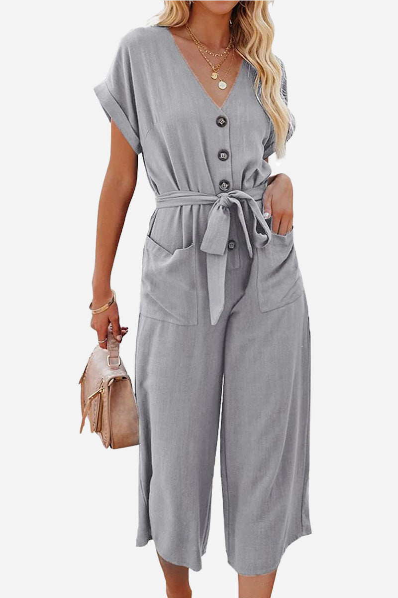 V-neck Lace-up Pocket Jumpsuit With Tie-tidenox