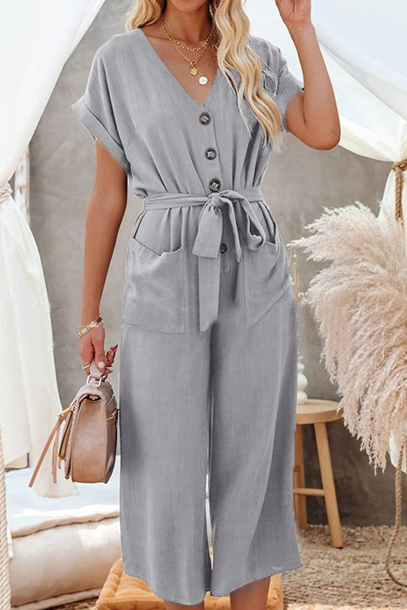 V-neck Lace-up Pocket Jumpsuit With Tie-tidenox