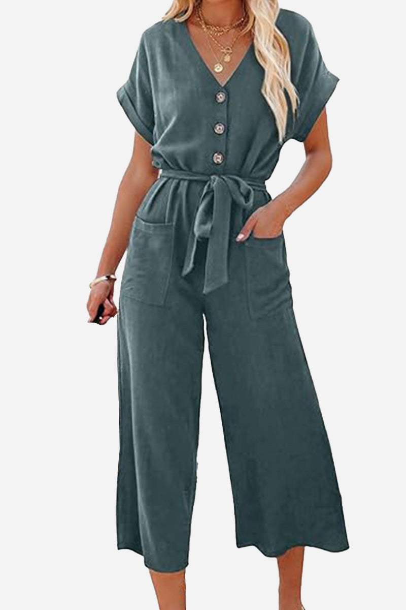 V-neck Lace-up Pocket Jumpsuit With Tie-tidenox