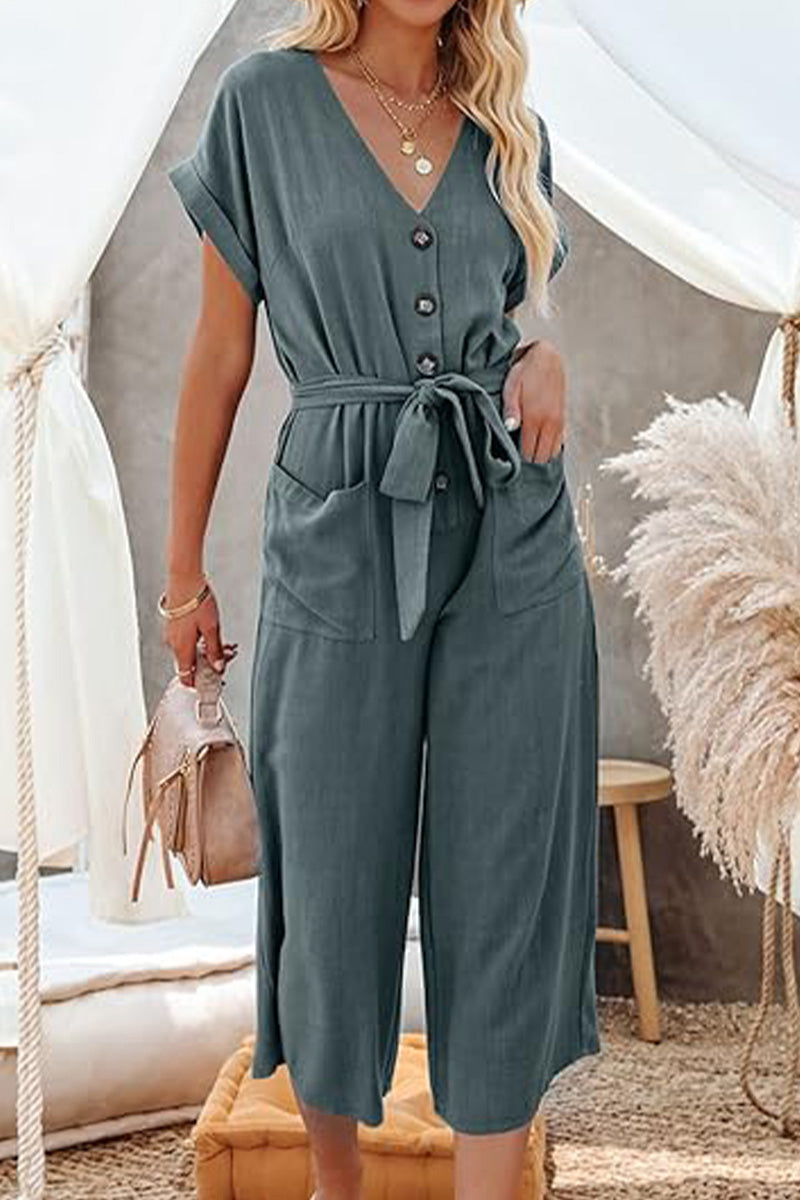 V-neck Lace-up Pocket Jumpsuit With Tie-tidenox