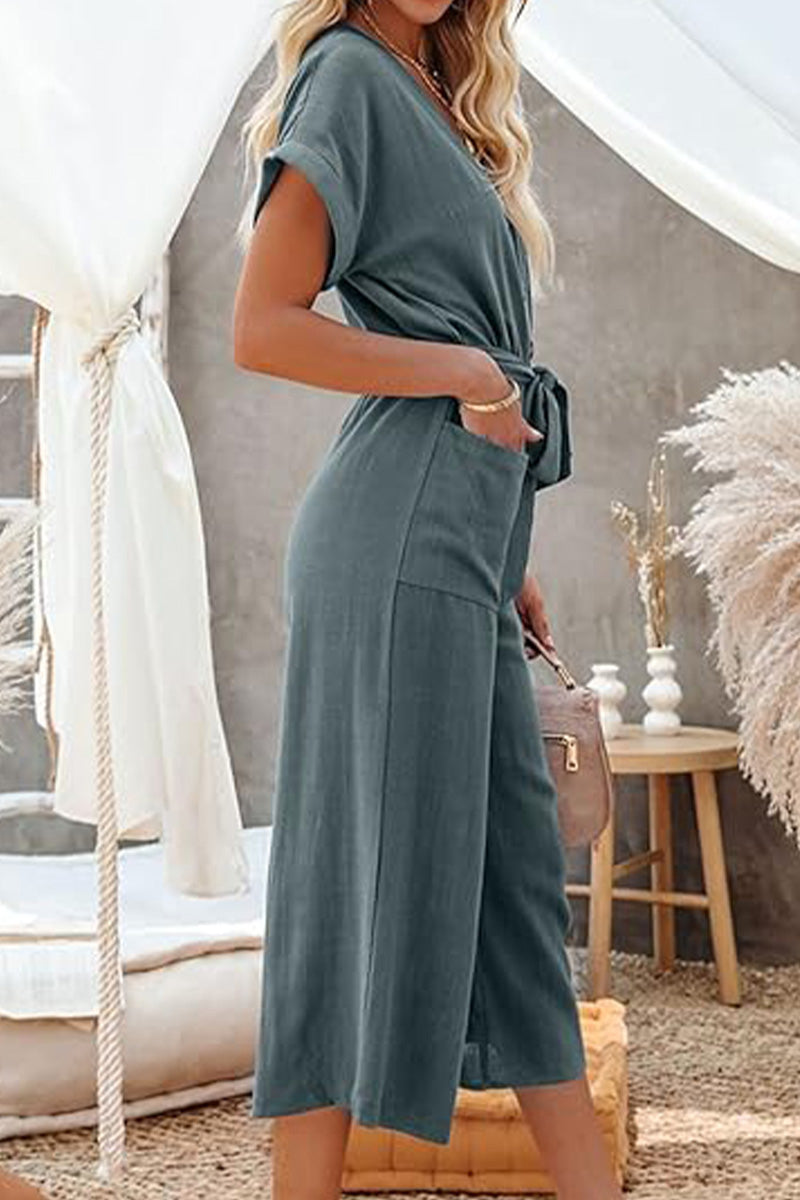 V-neck Lace-up Pocket Jumpsuit With Tie-tidenox