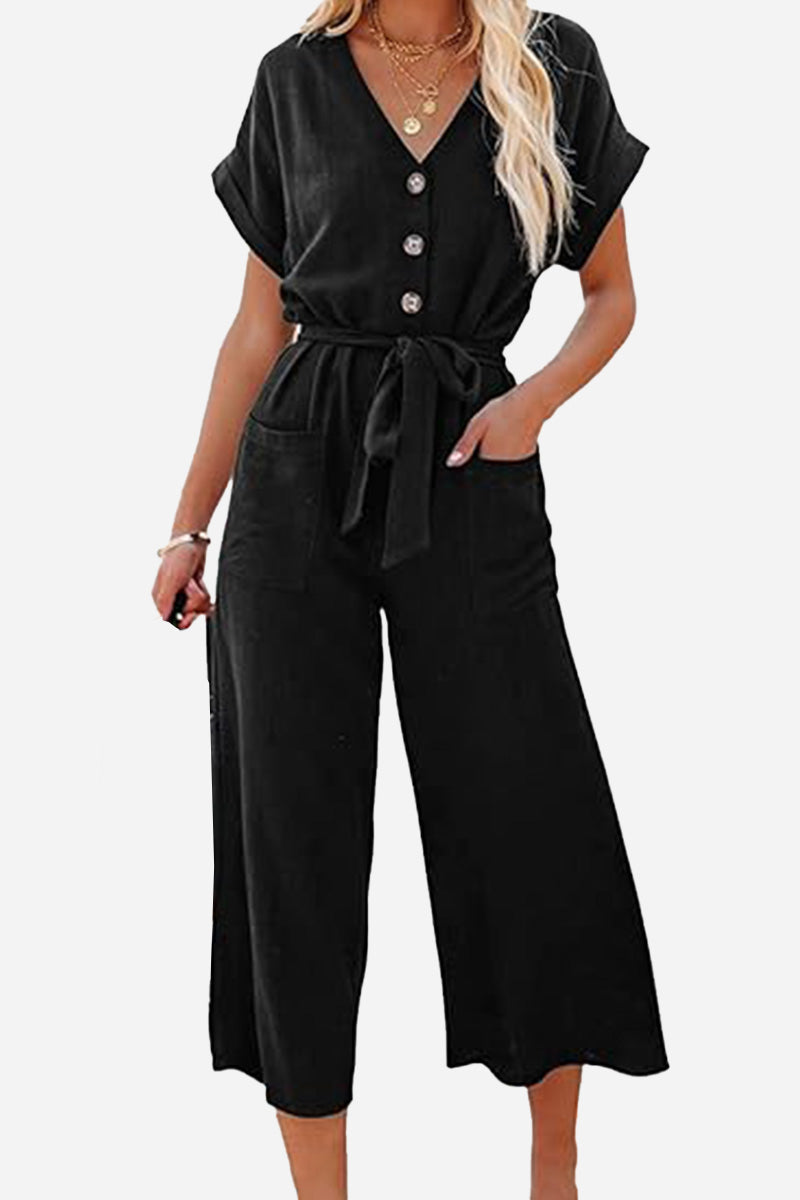 V-neck Lace-up Pocket Jumpsuit With Tie-tidenox