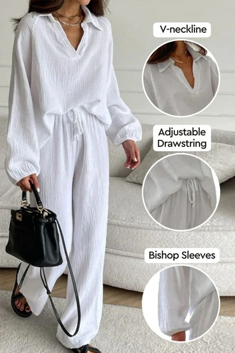 100% Cotton Collared Two-piece Set With Bishop Sleeves-tidenox