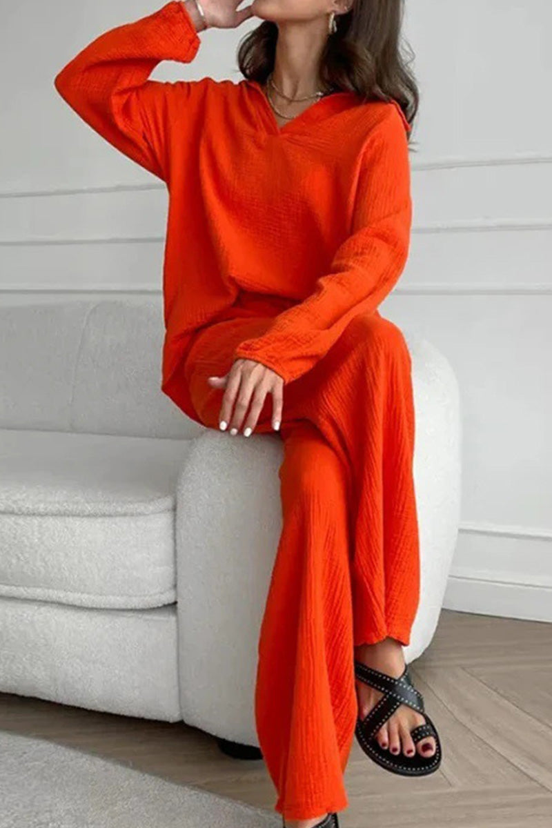 100% Cotton Collared Two-piece Set With Bishop Sleeves-tidenox
