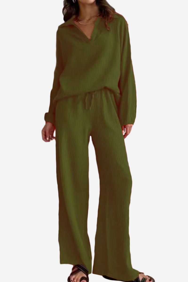 100% Cotton Collared Two-piece Set With Bishop Sleeves-tidenox