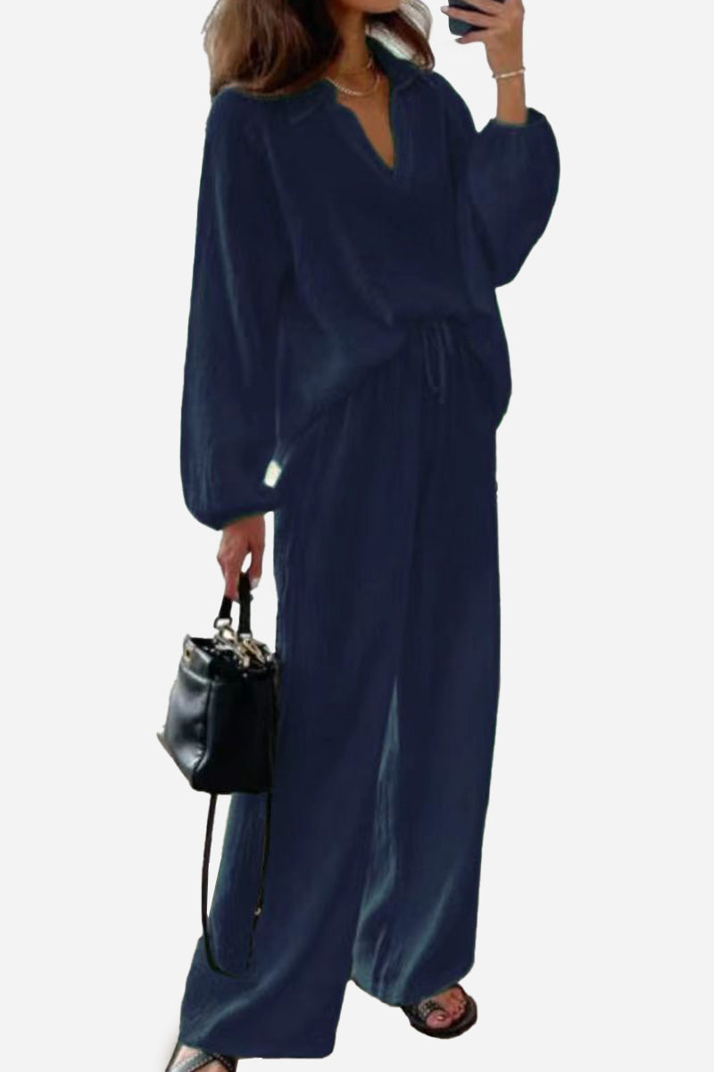 100% Cotton Collared Two-piece Set With Bishop Sleeves-tidenox