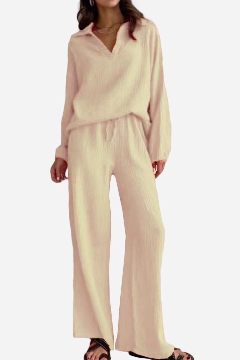 100% Cotton Collared Two-piece Set With Bishop Sleeves-tidenox