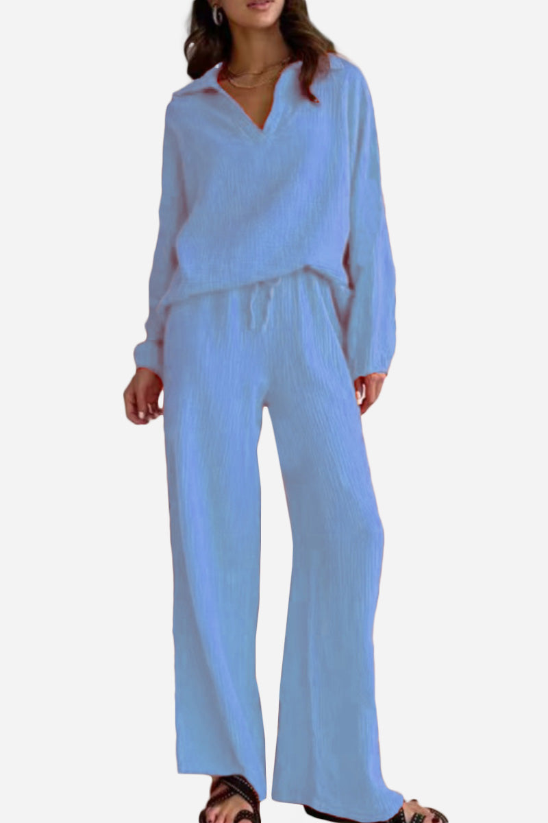 100% Cotton Collared Two-piece Set With Bishop Sleeves-tidenox