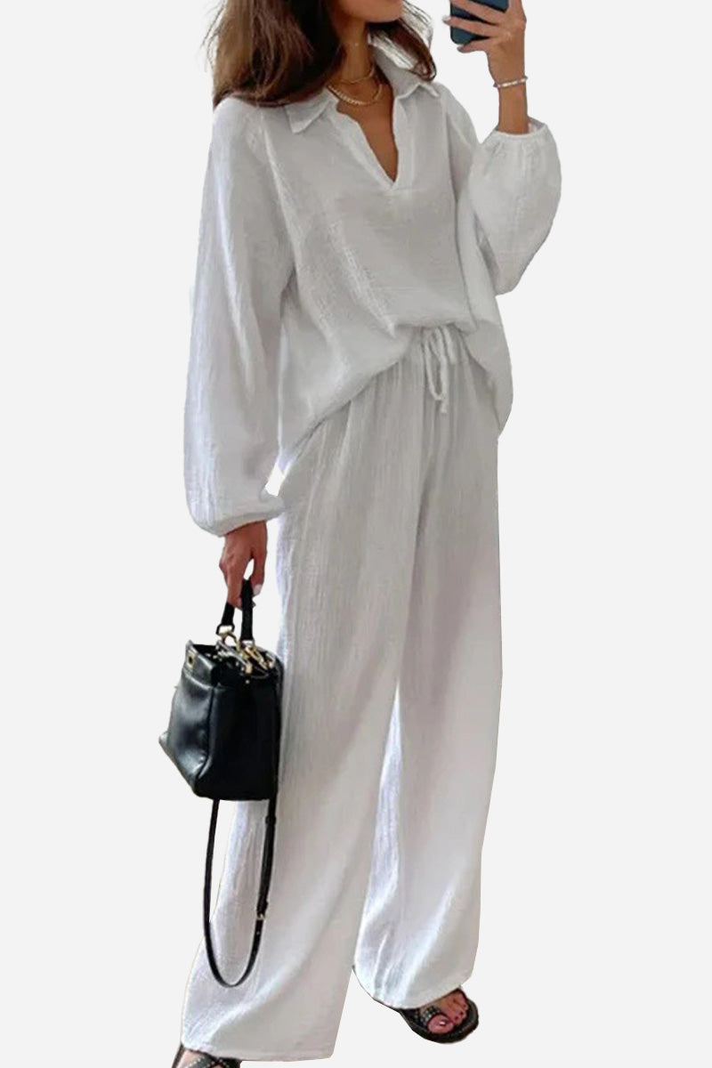100% Cotton Collared Two-piece Set With Bishop Sleeves-tidenox