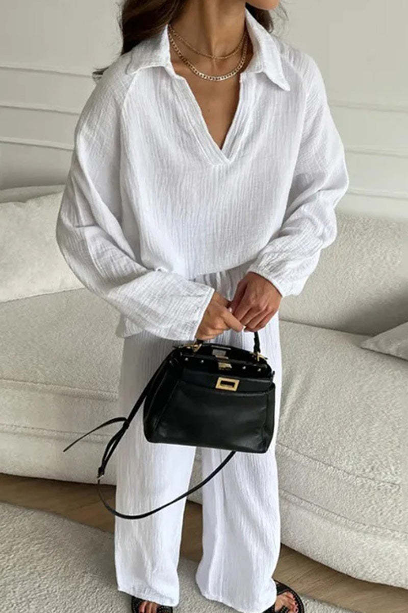 100% Cotton Collared Two-piece Set With Bishop Sleeves-tidenox