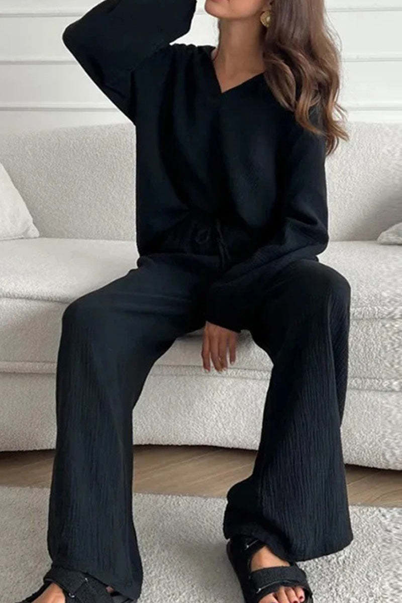 100% Cotton Collared Two-piece Set With Bishop Sleeves-tidenox