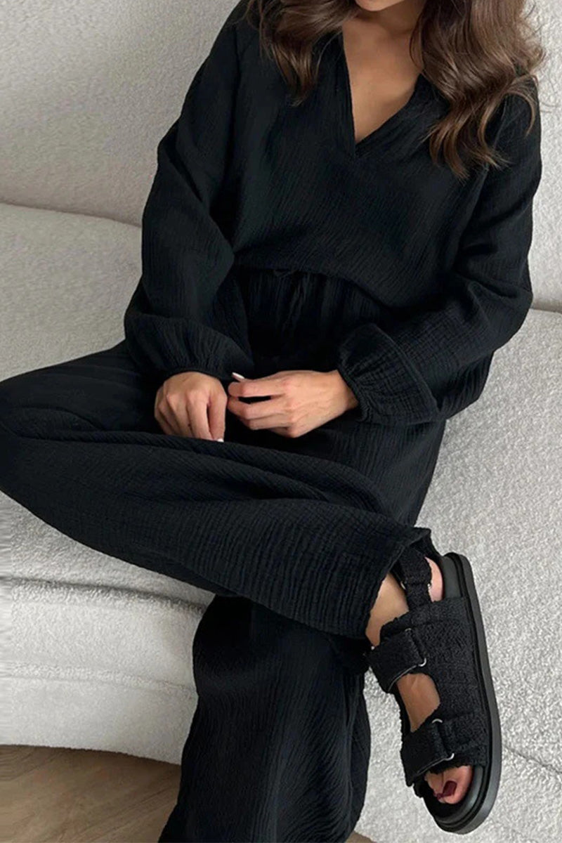 100% Cotton Collared Two-piece Set With Bishop Sleeves-tidenox