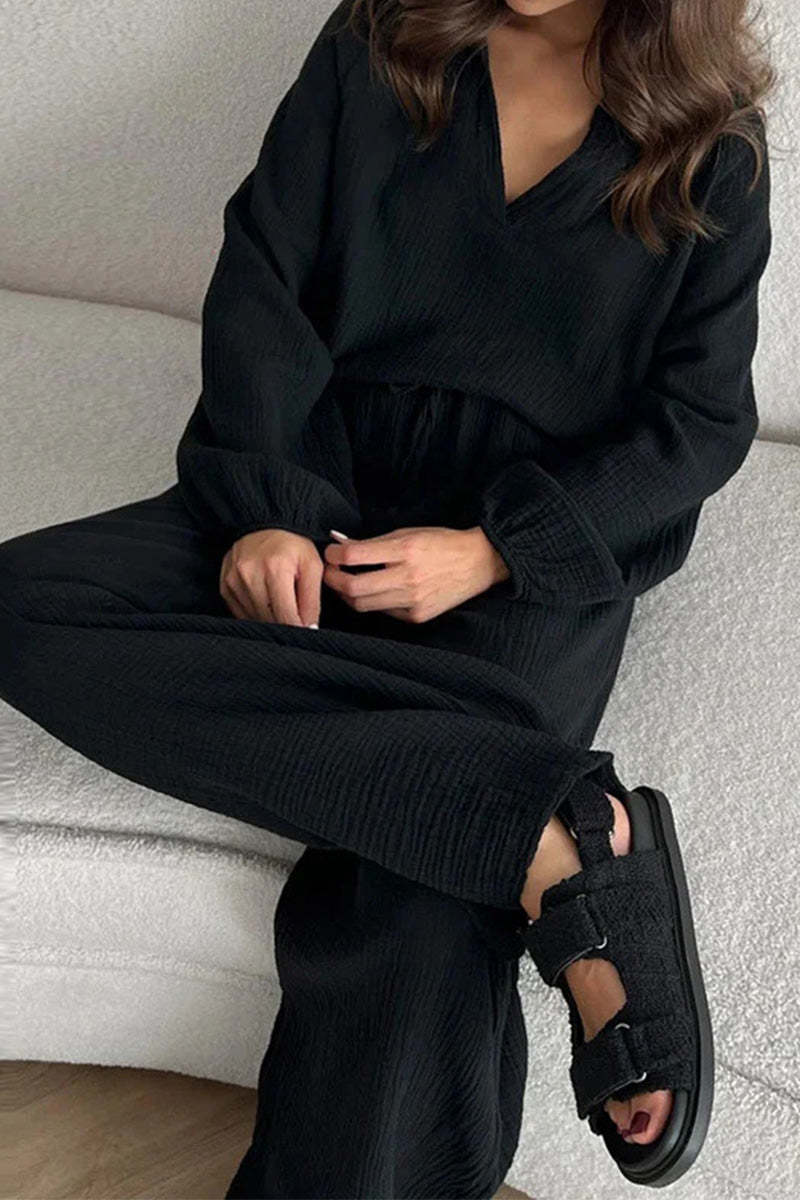 100% Cotton Collared Two-piece Set With Bishop Sleeves-tidenox