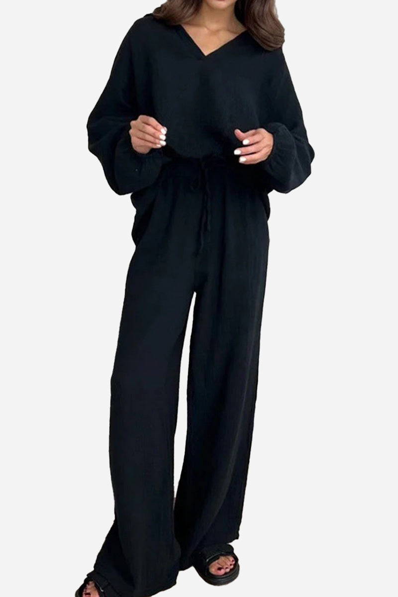 100% Cotton Collared Two-piece Set With Bishop Sleeves-tidenox