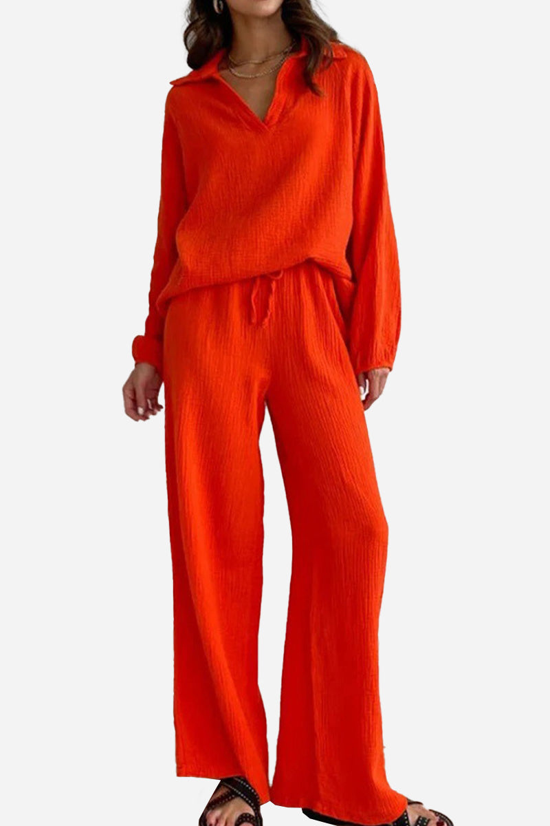 100% Cotton Collared Two-piece Set With Bishop Sleeves-tidenox