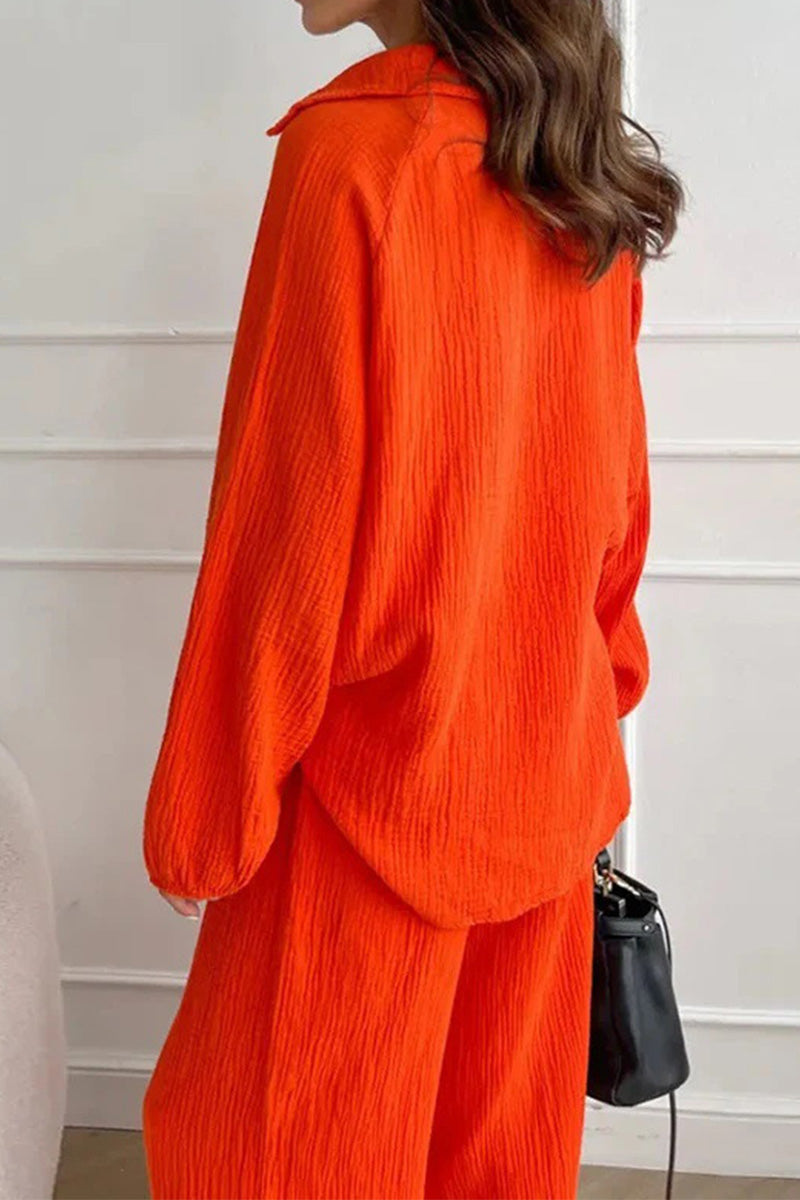 100% Cotton Collared Two-piece Set With Bishop Sleeves-tidenox