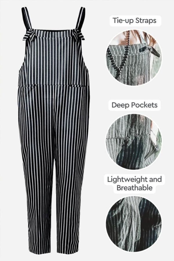 Chic Utility Striped Overalls With Tie-up Straps & Pockets-tidenox