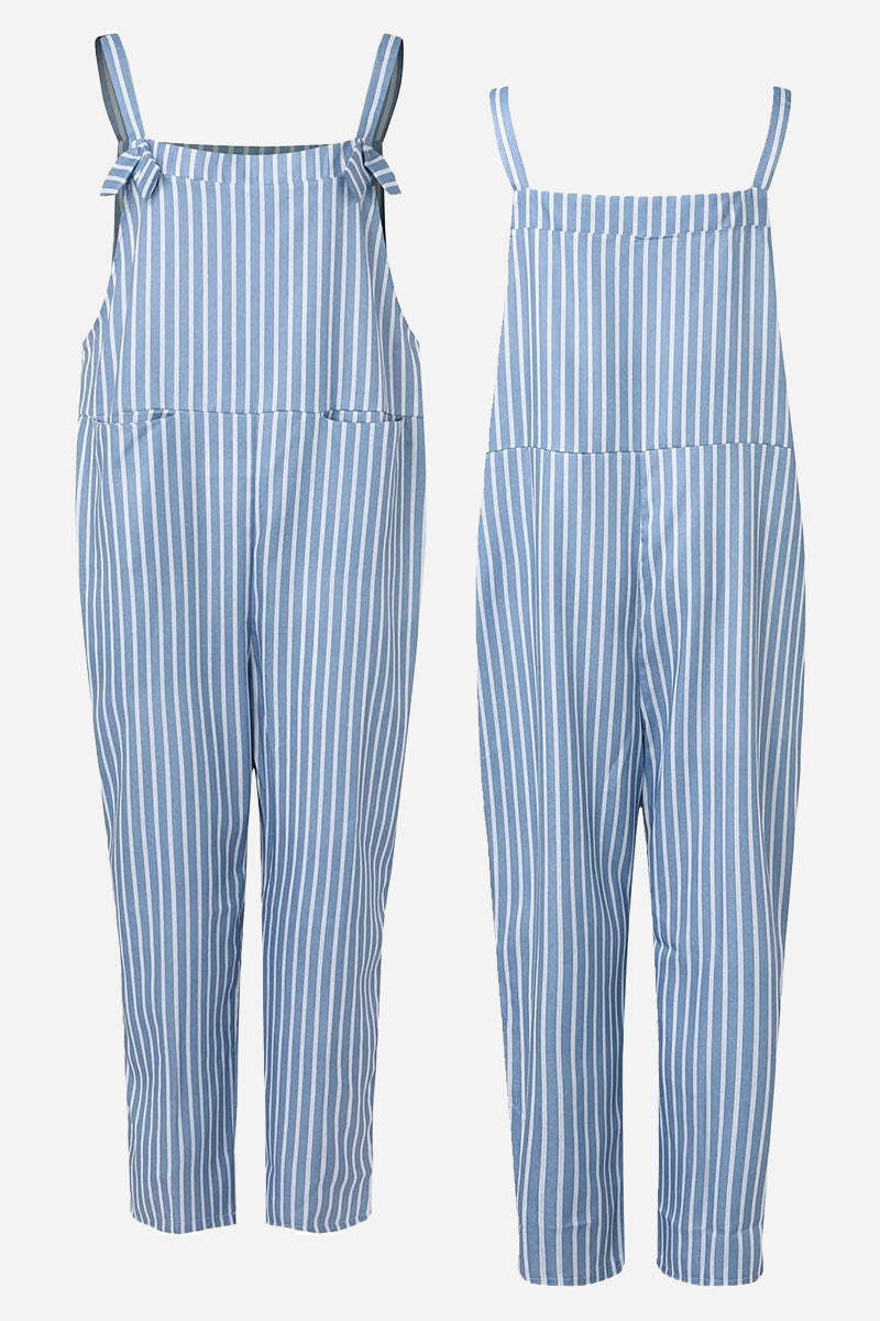 Chic Utility Striped Overalls With Tie-up Straps & Pockets-tidenox