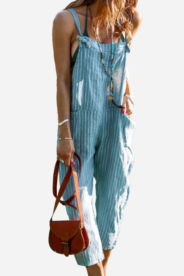Chic Utility Striped Overalls With Tie-up Straps & Pockets-tidenox