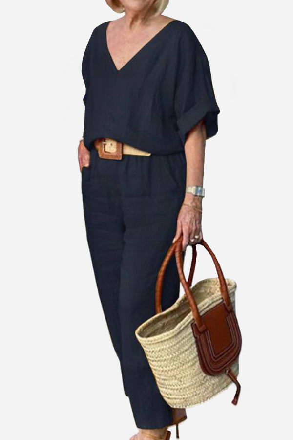 V-neck Cotton Two-Piece Trouser Set-tidenox