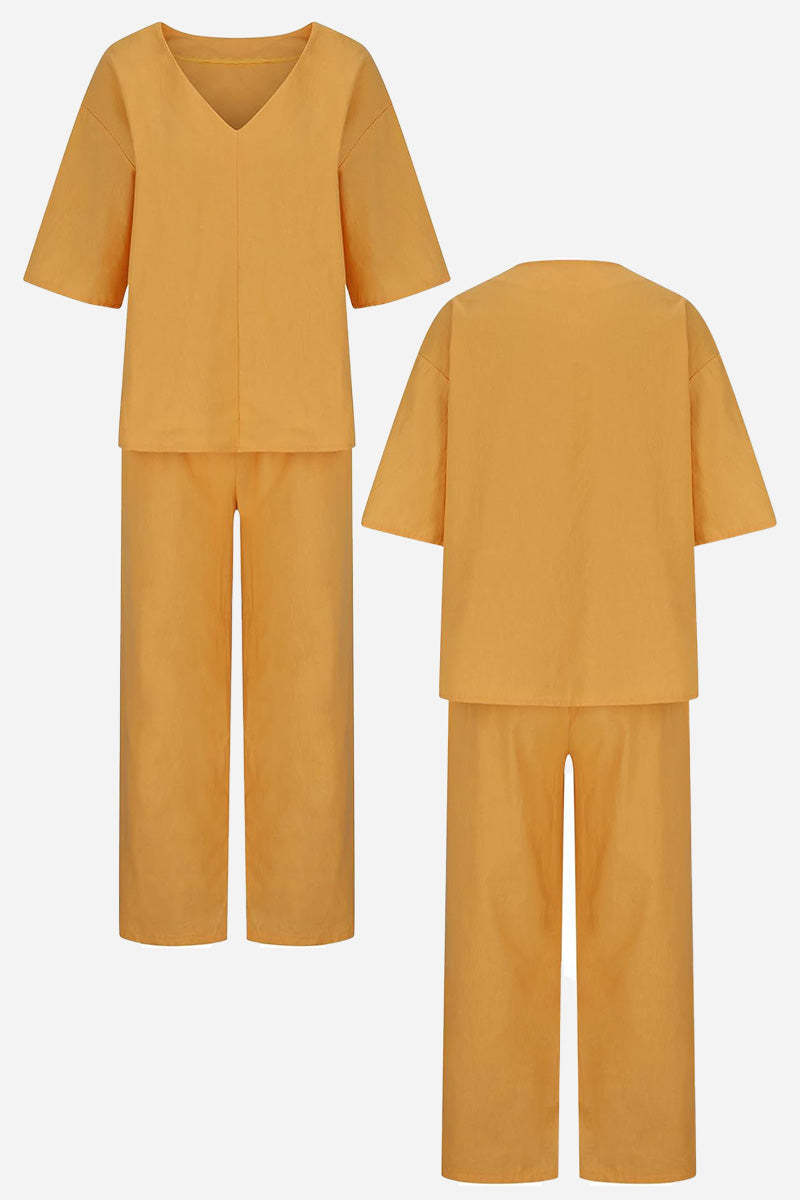 V-neck Cotton Two-Piece Trouser Set-tidenox