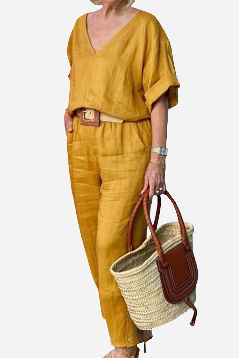 V-neck Cotton Two-Piece Trouser Set-tidenox