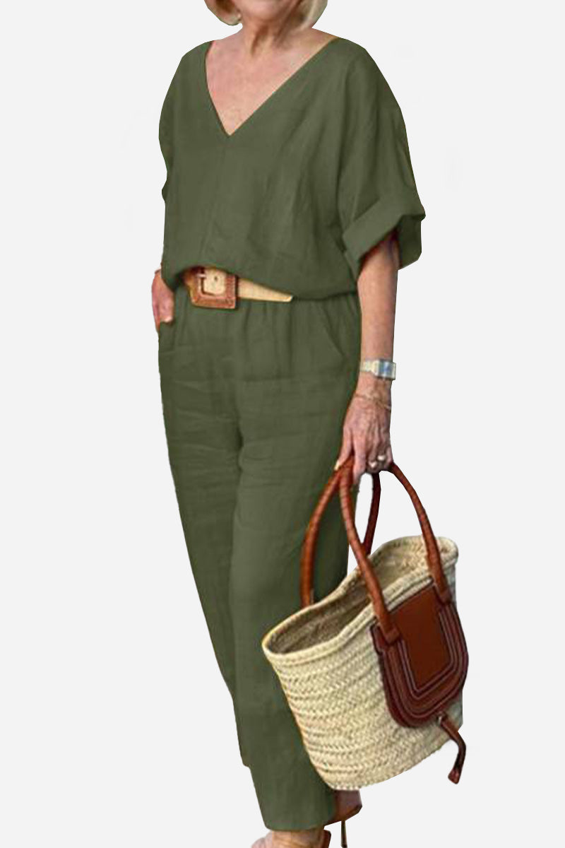 V-neck Cotton Two-Piece Trouser Set-tidenox