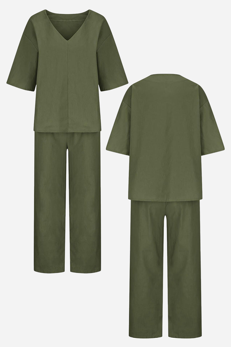 V-neck Cotton Two-Piece Trouser Set-tidenox