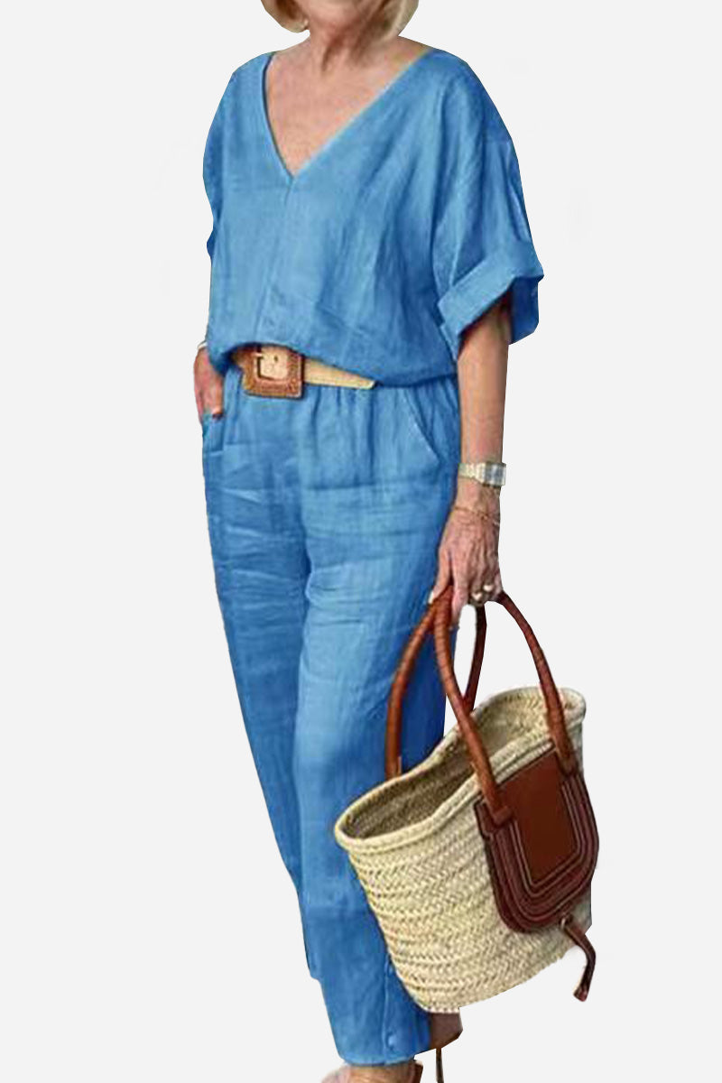 V-neck Cotton Two-Piece Trouser Set-tidenox