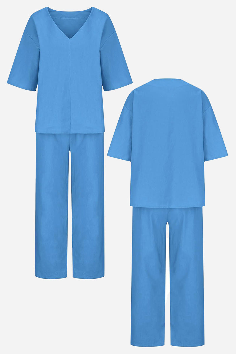 V-neck Cotton Two-Piece Trouser Set-tidenox