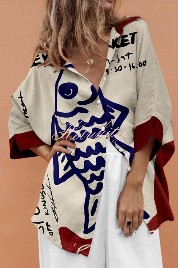 Unique Marine Print Casual Loose Shirt Top-tidenox