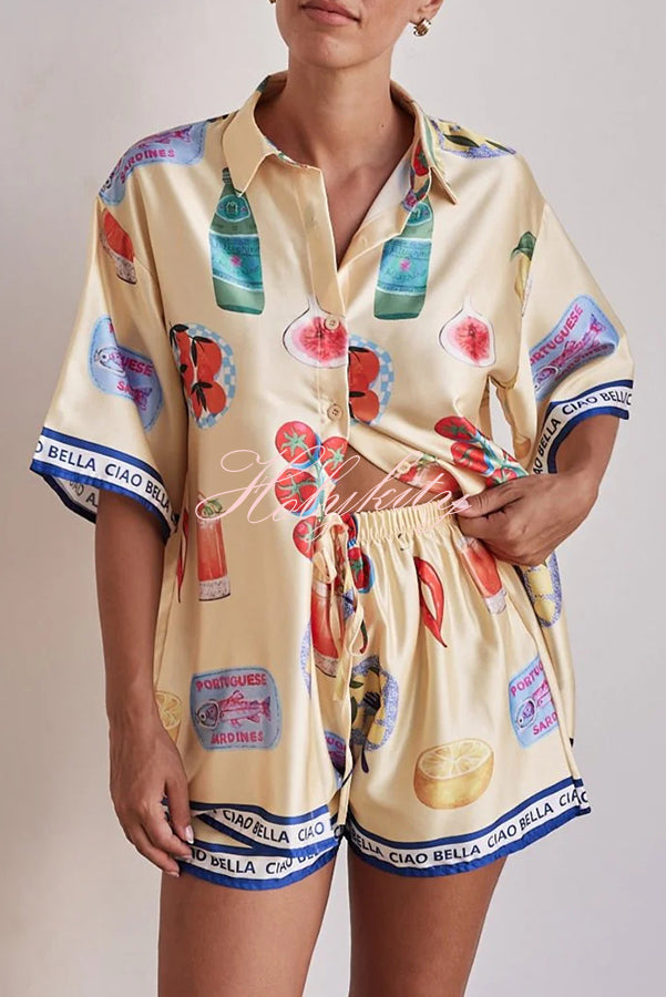 Kai Satin Unique Print Short Sleeve Shirt and Elastic Waist Drawstring Pocket Shorts Set-tidenox