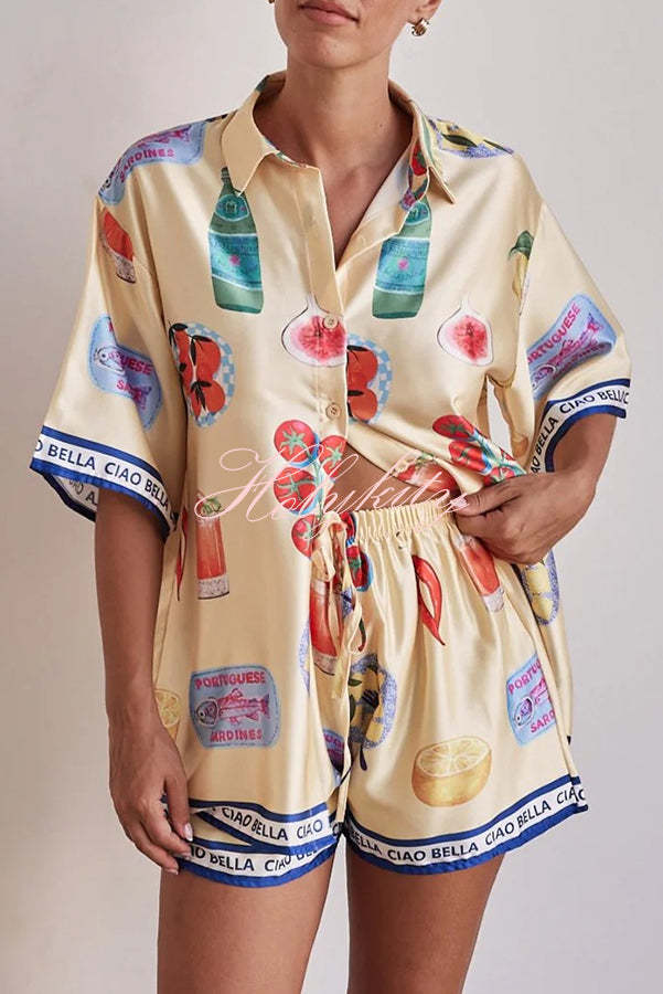 Kai Satin Unique Print Short Sleeve Shirt and Elastic Waist Drawstring Pocket Shorts Set-tidenox