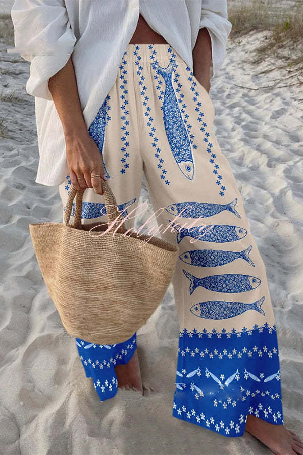 Unique Marine Print Elastic Waist Loose Pocket Pants-tidenox