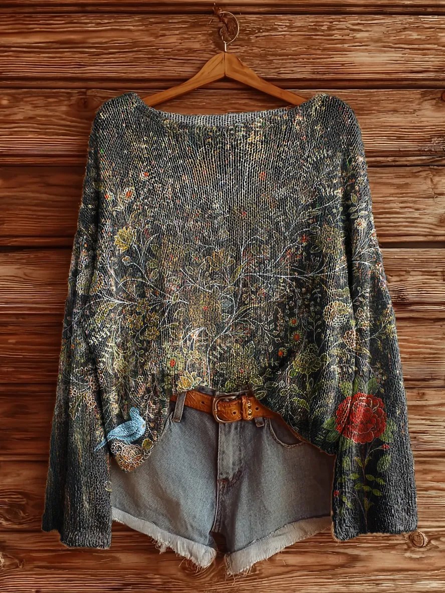 Women's Vintage Floral Art Print Casual Pullover Sweater