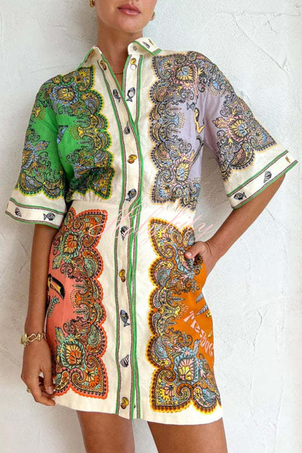 Coco Girls Mermaid Print Button Down Pockered Shirt Mini Dress-tidenox