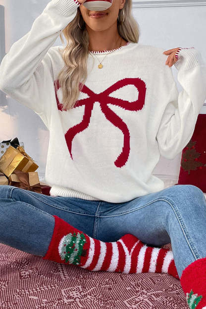 Christmas Contrasting Color Big Bow Round Neck Long Sleeve Loose Knitted Sweater